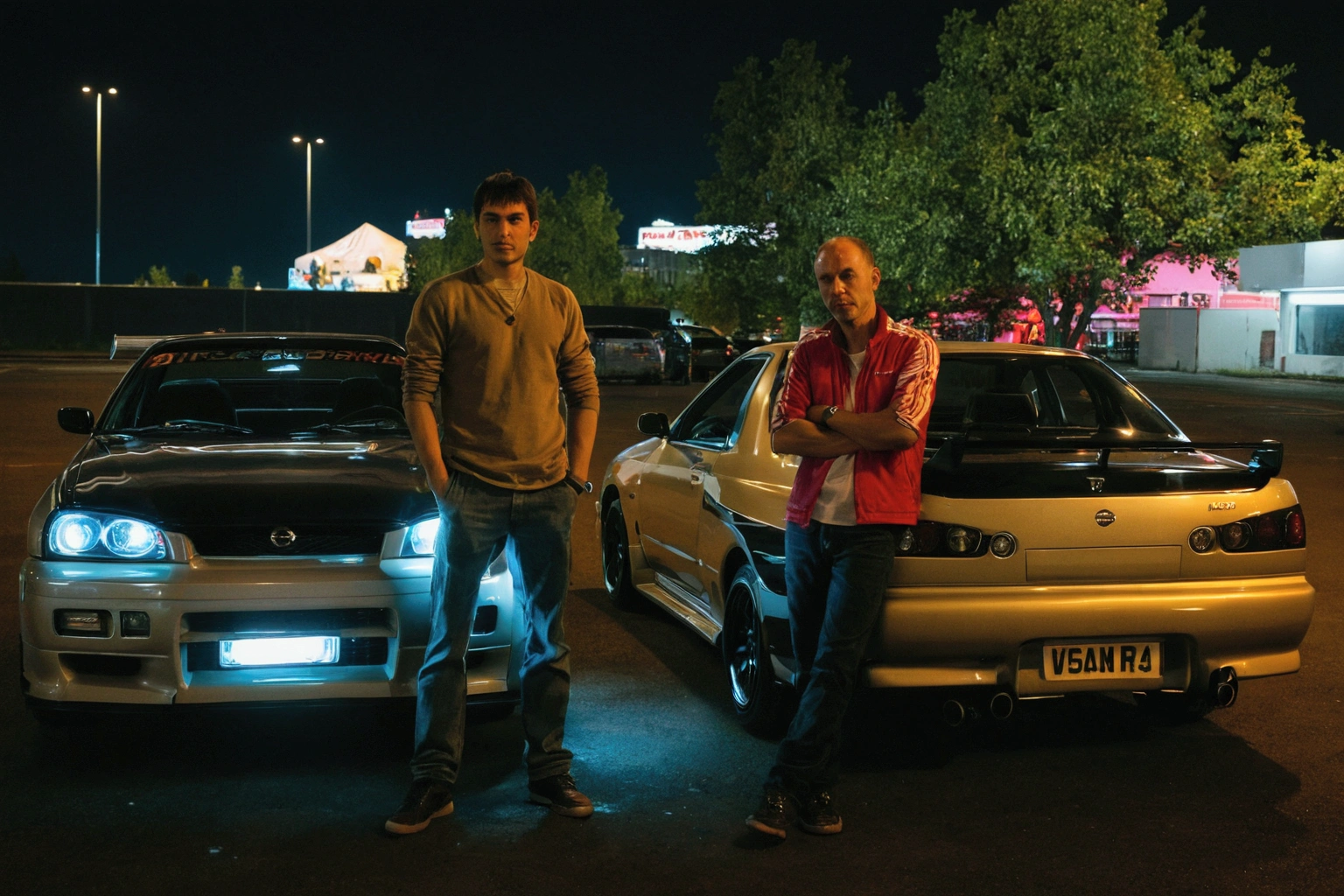 Two men stand next to a parked car in a parking lot, petros and leonid, Russian-Japanese mix, typical russian atmosphere, with octane rating, Vitaly Bulgarov and Mike Nash, but 8 6, Greg Rutkowski and Ivan Shishkin, Afterburner, GTA in Moscow, in a modified Nissan Skyline R34., at night, Инициал D