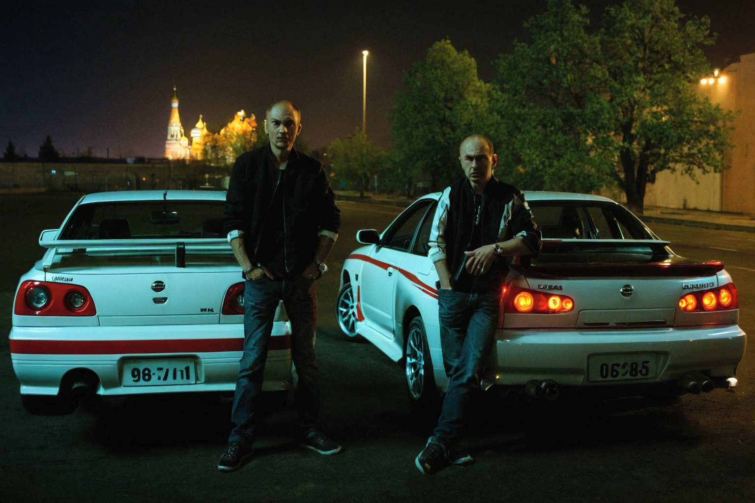 Two men stand next to a parked car in a parking lot, petros and leonid, Russian-Japanese mix, typical russian atmosphere, with octane rating, Vitaly Bulgarov and Mike Nash, but 8 6, Greg Rutkowski and Ivan Shishkin, Afterburner, GTA in Moscow, in a modified Nissan Skyline R34., at night, Инициал D