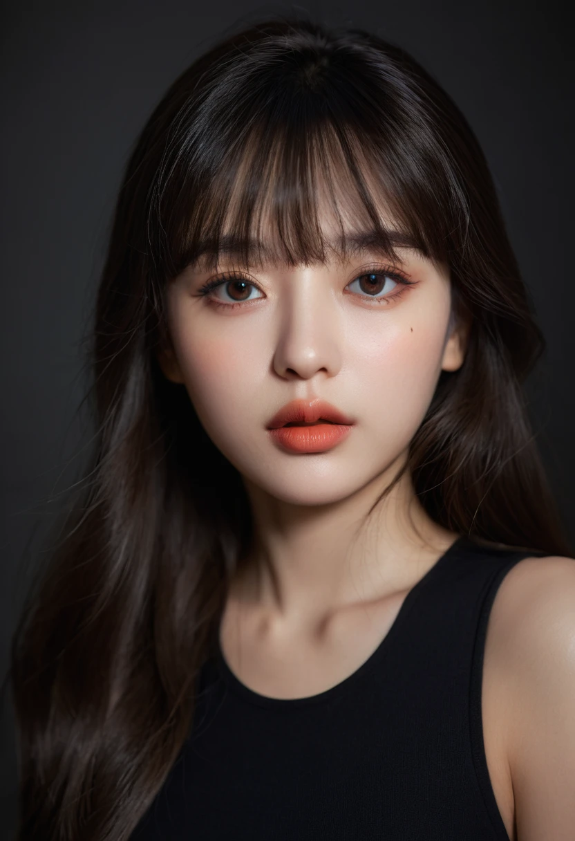 8K, best quality, 1 Girl, (Skin Indentation), night, (dark), Indoor clear background, (people), Beautiful bangs, Gorgeous,, (Clothing and:1.3),Soft lighting, attractive, dark Room, (mouth close:1.2, beautiful eyes, Delicate eyes, Detailed iris, Beautiful lips, Beautiful nose, Pretty Face),(primary color:1.5)