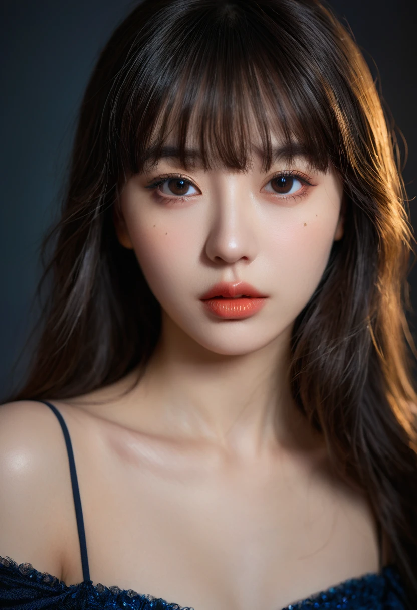 8K, best quality, 1 Girl, (Skin Indentation), night, (dark), Indoor clear background, (people), Beautiful bangs, Gorgeous,, (Clothing and:1.3),Soft lighting, attractive, dark Room, (mouth close:1.2, beautiful eyes, Delicate eyes, Detailed iris, Beautiful lips, Beautiful nose, Pretty Face),(primary color:1.5)