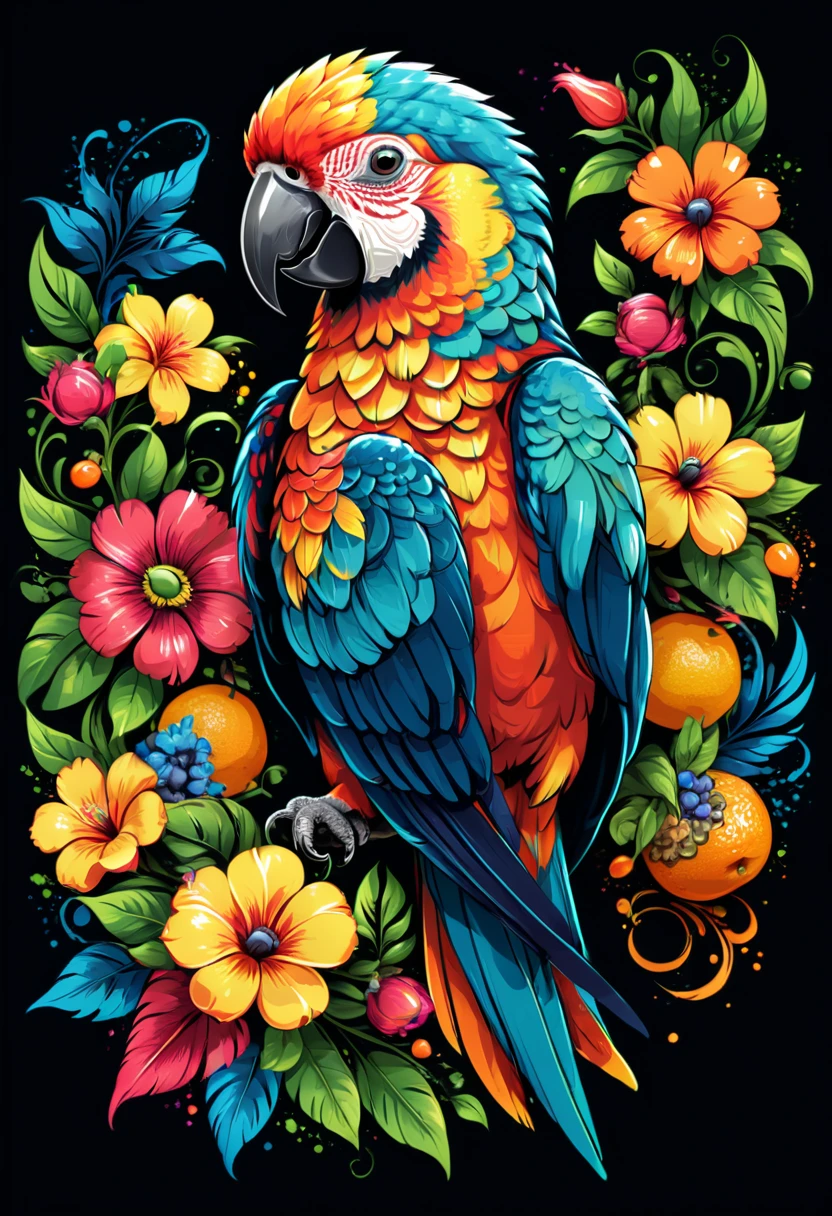  T-shirt designs, vectorial art, colorful illustration of a parrot, At the center, swirly vibrant colors, flowers, fruits, high détail,black backdrop.t shirt design.
(work of art, best qualityer, proffesional, perfect composition, very aesthetic, absurdrez, super verbose, details Intricate:1.3)