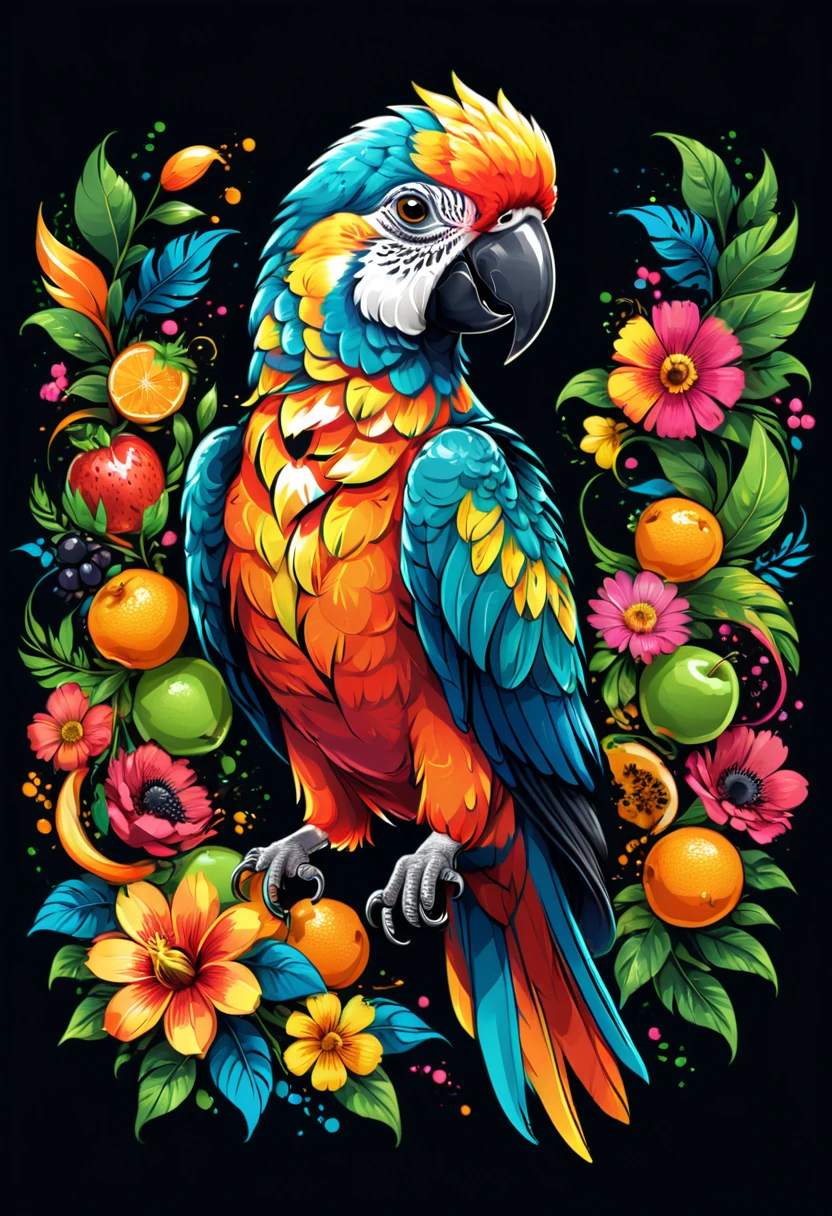  T-shirt designs, vectorial art, colorful illustration of a parrot, At the center, swirly vibrant colors, flowers, fruits, high détail,black backdrop.t shirt design.
(work of art, best qualityer, proffesional, perfect composition, very aesthetic, absurdrez, super verbose, details Intricate:1.3)