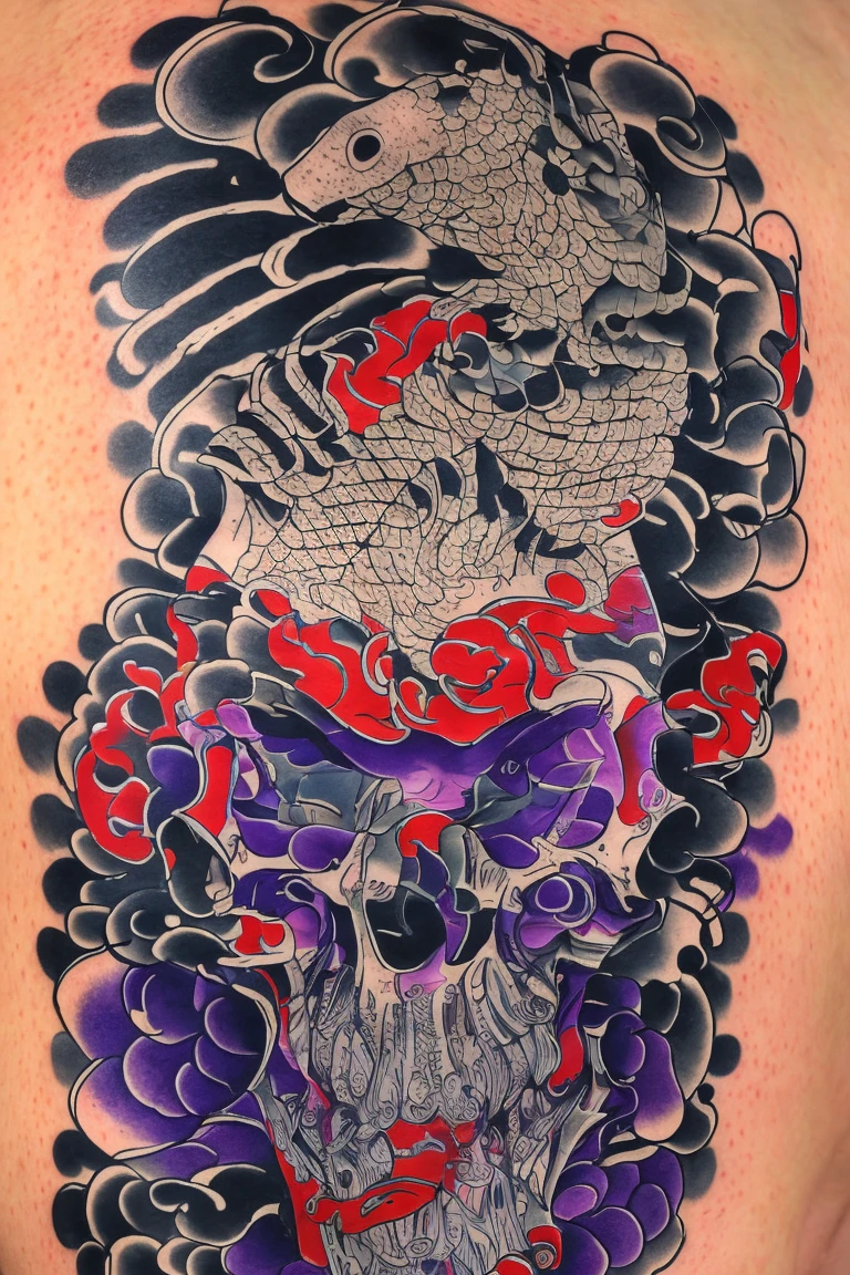 Calligraphy style, A japanse tattoo, A traditional japanese tattoo, Masterpiece, High quality, ultra details, A perfect skull with Japanese wave background and violet fire effects, skull, skull, skull, Upper arm tattoo, perfect skull anatomy, Super detailed, professional design by tattoo artist, Violet fire effects, 