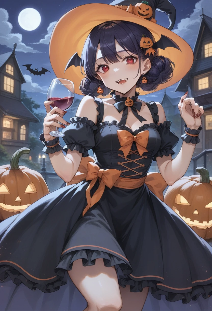 there is a woman in a costume holding a glass of wine, けもの, in a halloween style, halloween art style, halloween, vampire girl, by Kamagurka, at pixiv, halloween theme, by Ei-Q, pixiv, , halloween night, demon anime girl, halloween celebration, by Shingei