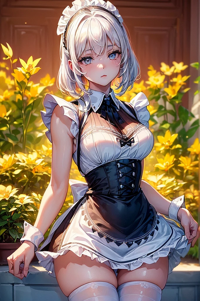 ((highest quality)),(ultra high resolution),(Super detailed),(detailed description),((best CG)),(best work of art),super precision art, great drawing art,(Art with precise details:1.5), ( simple form-fitting French maid uniform with a white apron and white stockings 1 teenage girl:1.5), beautiful and well-shaped face:1.5,(Beautiful skin with precise and detailed depiction:1.6),(:1.5),provocative angle:1.6,gorgeous, beautiful young teenage girl, 18 years old,  luminous snow white hair, enchanting golden colored eyes, tiger ears, white striped tiger tail, tall height (190cm), slim thick body type with mouth-watering curves