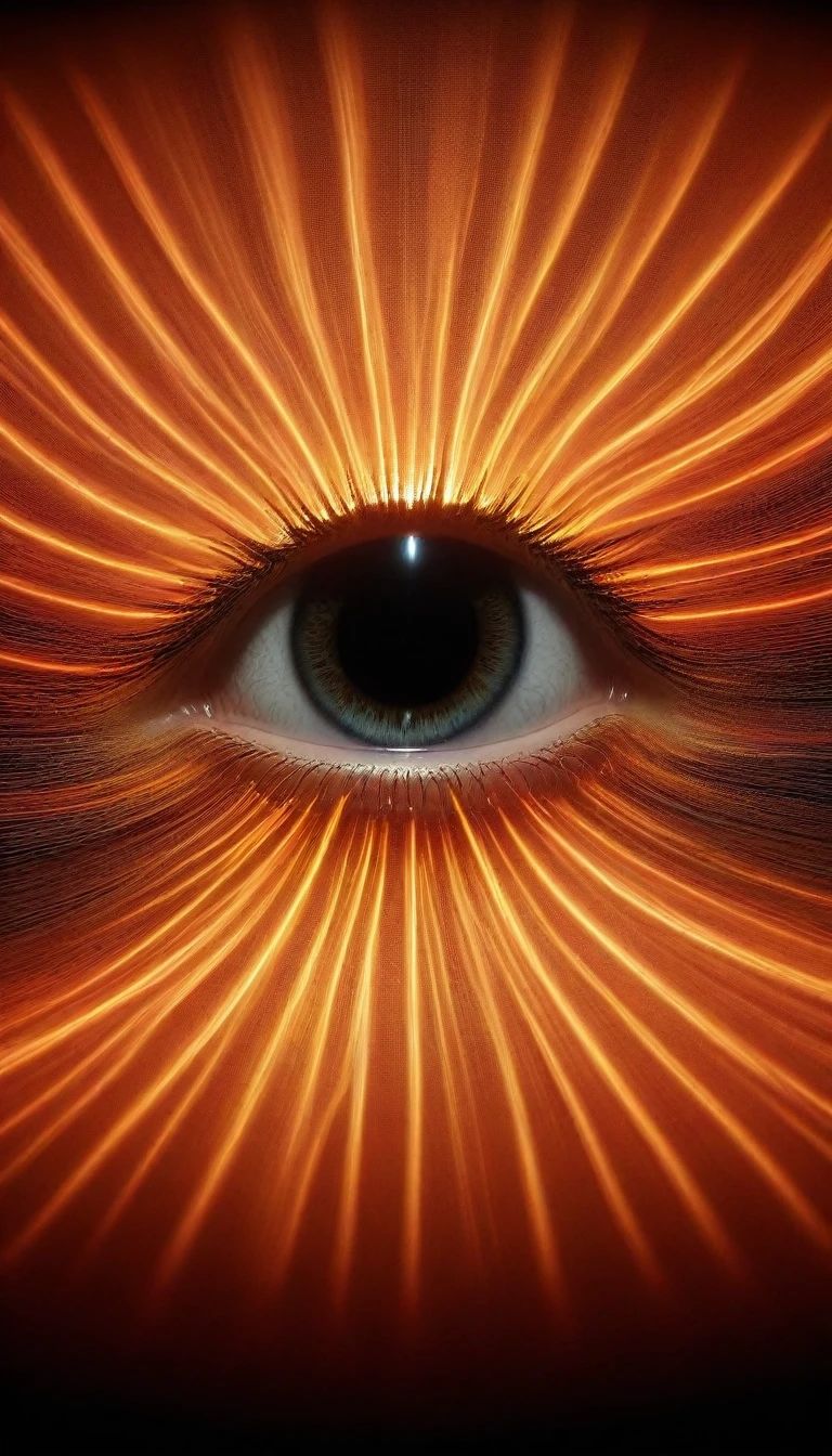 eye with a vibrant orange-hued iris, reflecting a flaming atmosphere with Japanese script