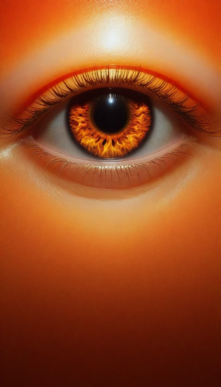 eye with a vibrant orange-hued iris, reflecting a flaming atmosphere with Japanese script