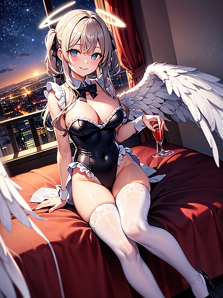 Highest Resolution,Highest quality,Smiling beautiful girl in maid leotard,High leg,(((Frills))),White angel wings on your back,Halo,Bedroom,Night view outside the window,Very beautiful eyes,whole body,front,Knee-high stockings,Drink,