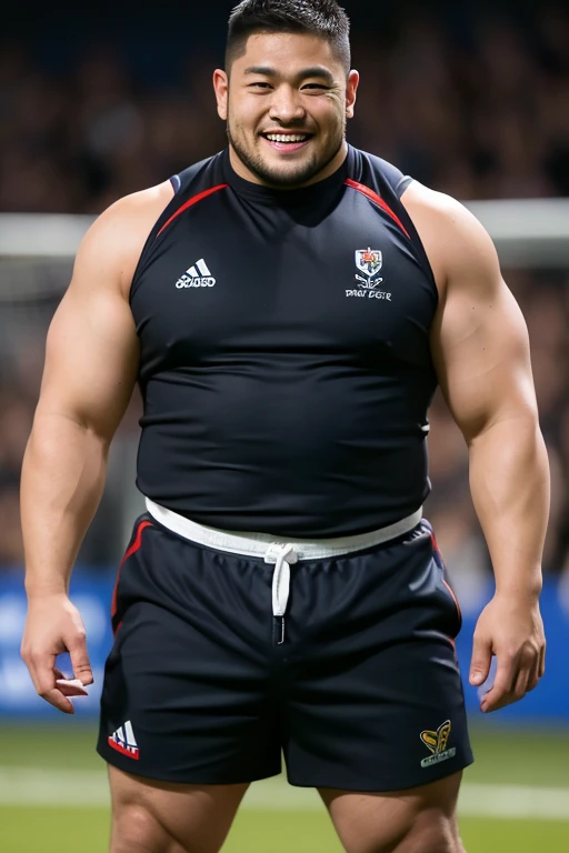 ((highest quality)), ((masterpiece)), (detailed), ((Perfect Face)), 4k, Shaved head, Young Japanese, Muscular, Fat body, Very big man, smile, ((showing off crotch)) A large Japanese man shirtless、whole body、Rugby player、Thick legs、Thick arm muscles、Intimidating、whole body、wearing a very tight black shorts、wearing a very short black shorts, (shirtless)、At the rugby field