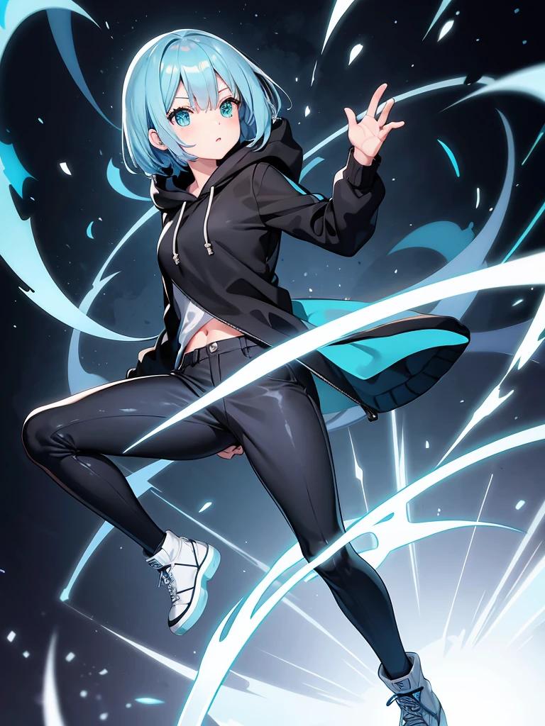 Masterpiece,High quality,(Full body 1.2),Animated standing portrait, black half pants,(black and white open hoodie),black open hoodie,(green hair 1.4),Animated girl with short green hair and green eyes,(detailed eyes 1.6),(clear eyes 1.4),(beautiful eyes 1.4),(shining eyes 1. 4), White cyan, Green hair, Detailed key animated art, Animated portrait, Shining eyes, Blue haired girl, Blue light hair, Black half pants, White stockings, Thighs, 4K