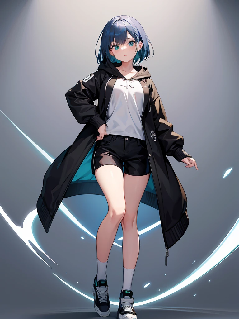 Masterpiece,High quality,(Full body 1.2),Animated standing portrait, black half pants,(black and white open hoodie),black open hoodie,(green hair 1.4),Animated girl with short green hair and green eyes,(detailed eyes 1.6),(clear eyes 1.4),(beautiful eyes 1.4),(shining eyes 1. 4), White cyan, Green hair, Detailed key animated art, Animated portrait, Shining eyes, Blue haired girl, Blue light hair, Black half pants, White stockings, Thighs, 4K