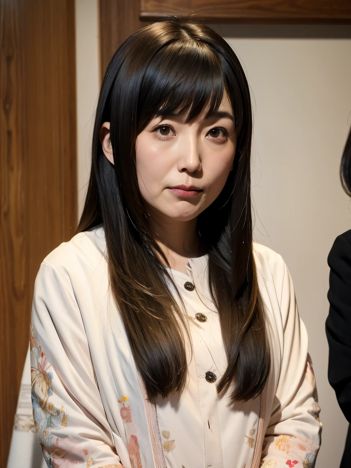 beautiful Japanese woman,double eyelid,clear skin,round face,long face,Swept bangs,in the tokyo,short by DSLR,Adoravle 39 years old,head shot,from front,long hair
