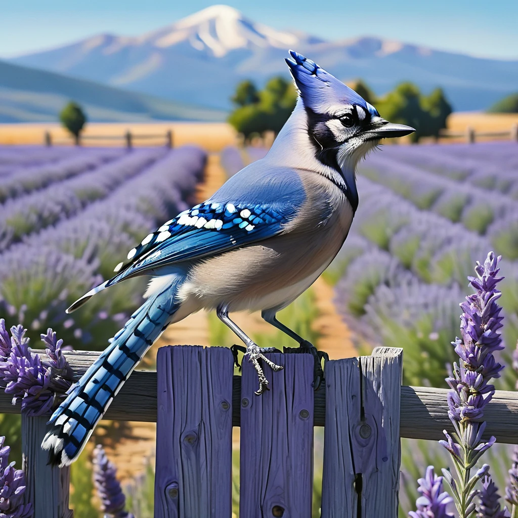 "A blue jay delicately positioned on a rustic wooden fence, with a lavender field stretching in the background. Lavender is in full bloom, creating a sea of purple that contrasts beautifully with the bird's cobalt blue feathers. The late afternoon sun casts a golden glow over the scene, giving a magical touch to the tranquility of the countryside."