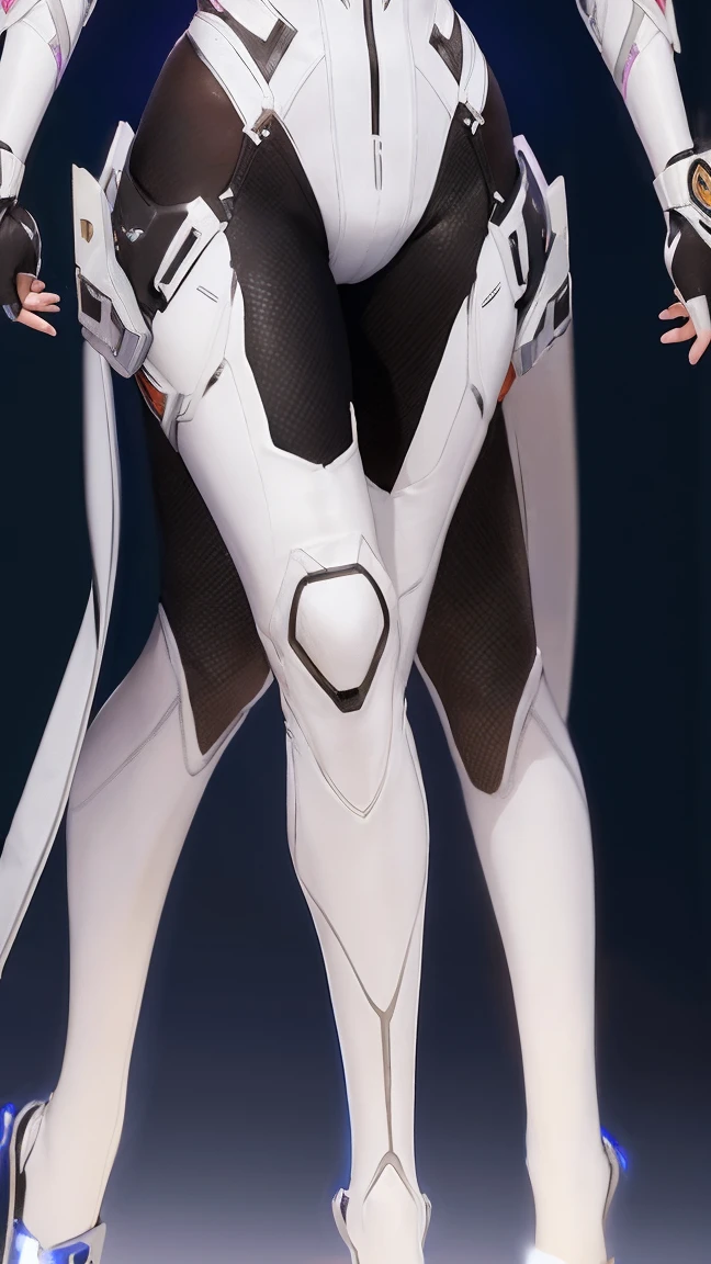 Woman with perfect body, Bunny The First Descendant Ultimate Skin, dressed in a Maio Fri and fitted to the body with white, black and chrome details and with her legs showing, in front of her full body