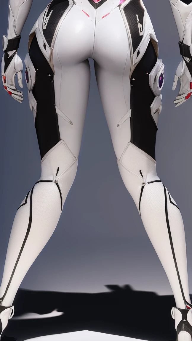 Woman with perfect body, Bunny The First Descendant Ultimate Skin, dressed in a Maio Fri and fitted to the body with white, black and chrome details and with her legs showing, in front of her full body
