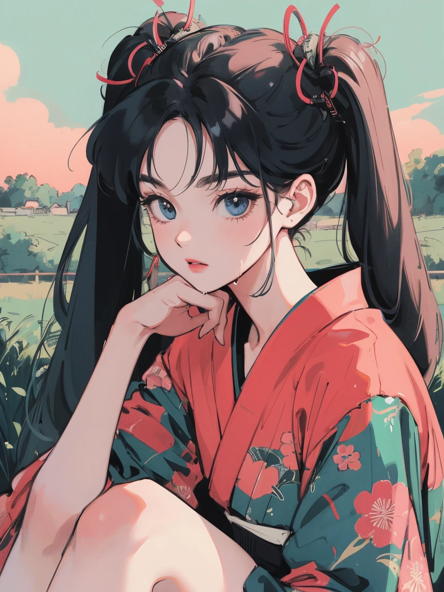 anime girl sitting on floor looking, anime aesthetic, anime vibes, Lofi Artstyle, Lo-fi portrait. anime, Lofty Girl, anime art wallpaper 4 k, anime art wallpaper 4k, anime art wallpaper 8 k, anime background art, Lofi Color, Lofi Art, anime asthetic, Twin tails, kimono, kimono, Countryside view, In nature, Wet day, Outside
