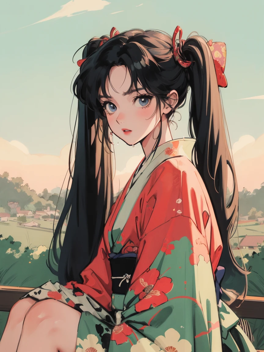 anime girl sitting on floor looking, anime aesthetic, anime vibes, Lofi Artstyle, Lo-fi portrait. anime, Lofty Girl, anime art wallpaper 4 k, anime art wallpaper 4k, anime art wallpaper 8 k, anime background art, Lofi Color, Lofi Art, anime asthetic, Twin tails, kimono, kimono, Countryside view, In nature, Wet day, Outside