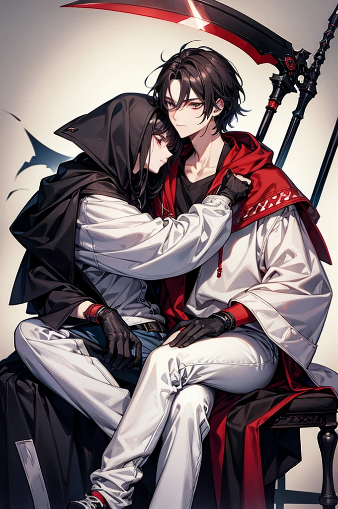 1male, White mask covering entire face, Red hoodie, White lab coat, Slightly baggy blue jeans, Black gloves, Red, white sneakers, Some black hair poking out from the top of the mask, Has a scythe, baggy jeans, For my avatar's pose, I want them to be sitting on a chair, hunched forward, leaning on a scythe, chin on hand and staring straight