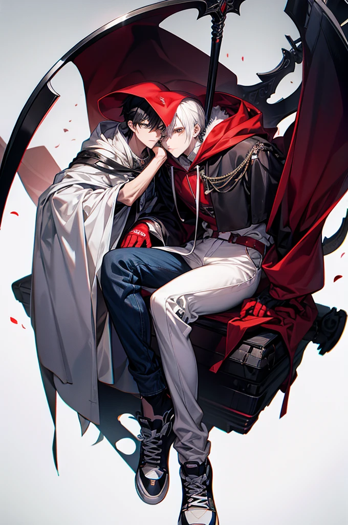 1male, White mask covering entire face, Red hoodie, White lab coat, Slightly baggy blue jeans, Black gloves, Red, white sneakers, Some black hair poking out from the top of the mask, Has a scythe, baggy jeans, For my avatar's pose, I want them to be sitting on a chair, hunched forward, leaning on a scythe, chin on hand and staring straight