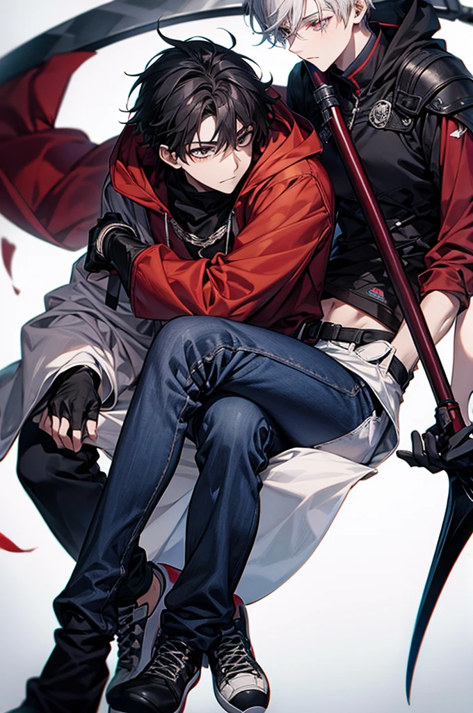 1male, White mask covering entire face, Red hoodie, White lab coat, Slightly baggy blue jeans, Black gloves, Red, white sneakers, Some black hair poking out from the top of the mask, Has a scythe, baggy jeans, For my avatar's pose, I want them to be sitting on a chair, hunched forward, leaning on a scythe, chin on hand and staring straight