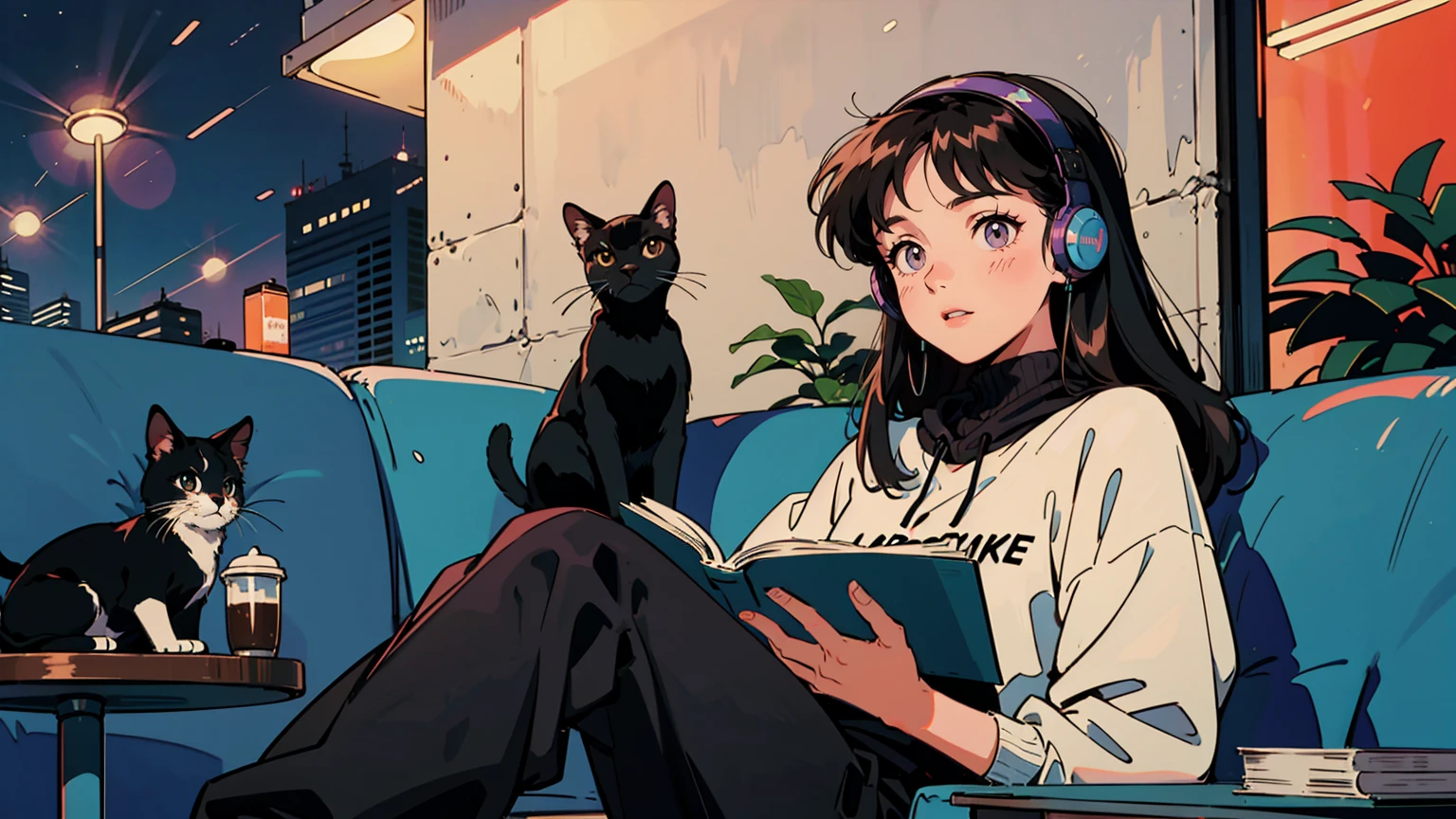 best quality, 8k, 1990s style,2010s hairstyles, 21 year old girl, black hair, long hair, light brown eyes, city pop, pants ,night view, wearing headphones,reading a book, whole body,  relax coffee,table,confection,Looking at me, Black cat
