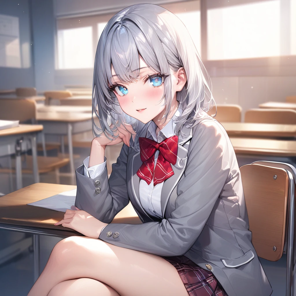 Masterpiece, high resolution, the highest quality, illustration, cinematic light, ultra detailed, detailed face, (((detailed eyes))), Best Quality, hyper detailed, Masterpiece, (detailed face), Alisa Kujou, 1 girl, wide, Blue eyes, shirt, bow, Love, , Gray jacket, hair Love, (by white), Focus only, bowtie, look at the viewer, red bow, red Love, red bowtie,Skirt, white thighs, ((school uniform)), classroom, sitting on a chair, crossed legs