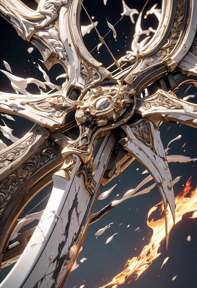 masterpiece, 8k, best quality, highly detailed, a rough & cracked bow covered in white flames