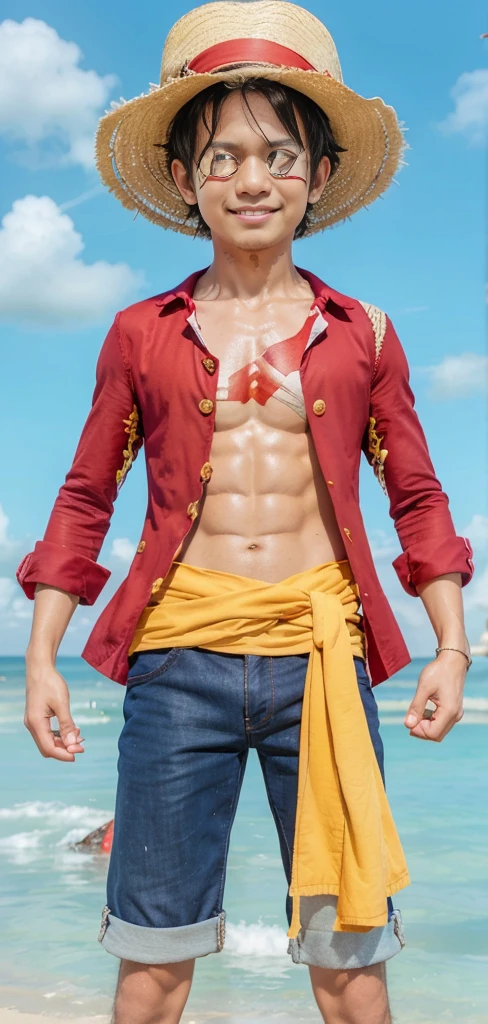 Realistic, highres, Monkey d. Luffy from one piece, A 19-year-old young man with short black hair, wearing a straw hat with a red ribbon. He is dressed in an open red jacket without buttons, (((revealing his muscular chest with a large X-shaped scar))). Luffy is also wearing blue shorts and sandals. His hands are wrapped in bandages, and he is often seen with a wide smile and a confident posture. The background is a tropical island or ocean, reflecting his adventures as a pirate, realistic, cinematic, 4k
