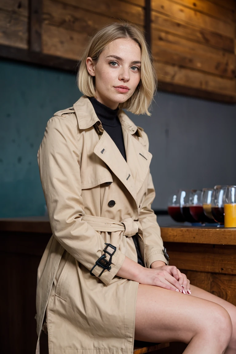 beautiful blonde woman wearing trench coat  sitting on a bar