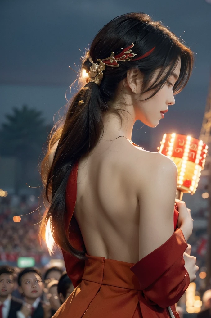 (((best quality))),(((ultra detailed))),(((masterpiece))),illustration, ((Olympic Opening Ceremony,in Paris,summer night,magnificent National stadium of France,Olympic flame, fireworks)),(crowded crowds of enthusiastic spectators:1.3),((a beautiful Chinese girl,solo)),((shoulder length straight hair:1.2)),((slim,thin)),((shoulder off,strapless,bare back,towering hips,butt crack)),(red blazer:1.5),(yellow dress:1.2),excited expression, awe, celebrating, electric atmosphere, sense of pride, excitement, playing field, crowd energy, unity, camaraderie, representing China, historic event, memorable moment,((from back,upper body))