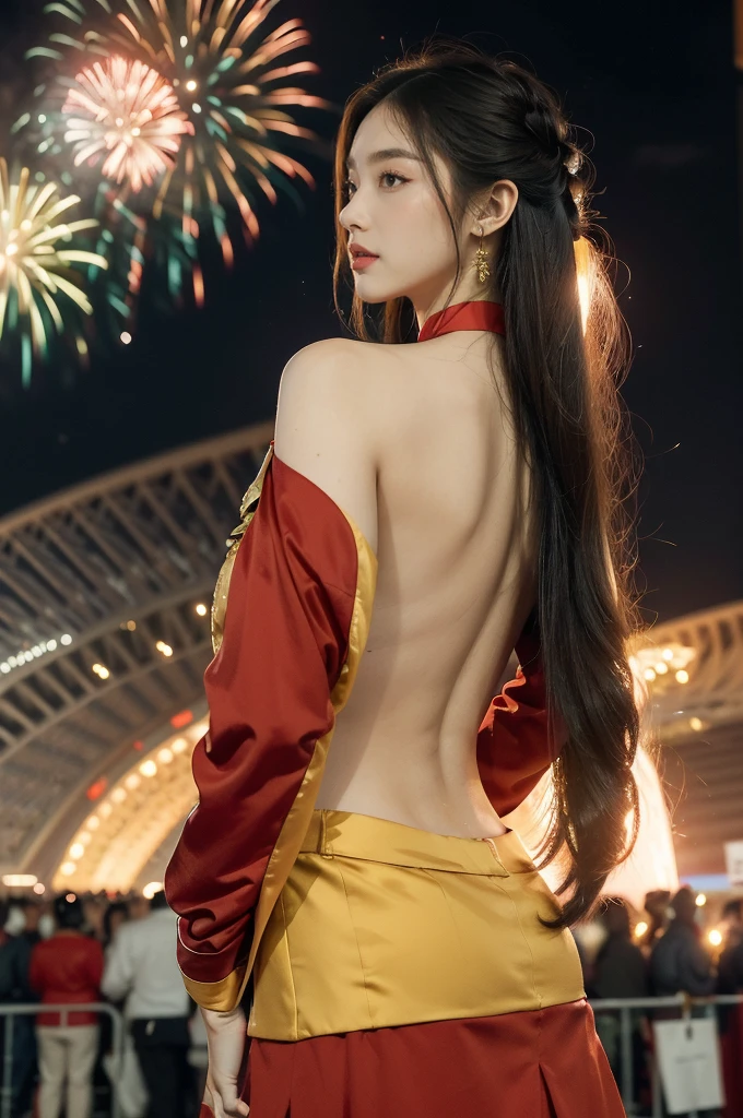 (((best quality))),(((ultra detailed))),(((masterpiece))),illustration, ((Olympic Opening Ceremony,in Paris,summer night,magnificent National stadium of France,Olympic flame, fireworks)),(crowded crowds of enthusiastic spectators:1.3),((a beautiful Chinese girl,solo)),((shoulder length straight hair:1.2)),((slim,thin)),((shoulder off,strapless,bare back,towering hips,butt crack)),(red blazer:1.5),(yellow dress:1.2),excited expression, awe, celebrating, electric atmosphere, sense of pride, excitement, playing field, crowd energy, unity, camaraderie, representing China, historic event, memorable moment,((from back,upper body))