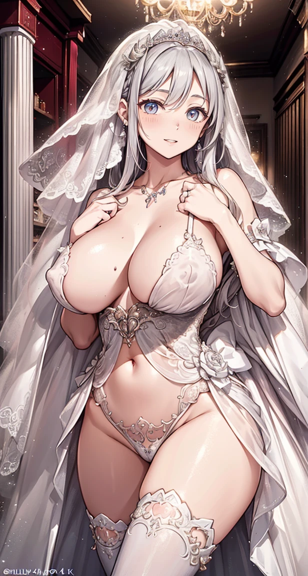 (best quality,4K,8k,high resolution,Masterpiece:1.2),มีรายVery detailed, (best quality,4K,8ก,มีhigh resolution,Masterpiece:1.2),Very detailed,beautiful girl,Enchanted,charming,Cheerfulness,sacred,Magical effect,silver white hair,(((wedding dress))),love eyes，bridal dress,Complicated dress,lace details,bedroom,solitude,during the night,Lace stockings,แถบsacred,See-through transparent clothes, big breasts,Show your breasts,The cracks are clear....,((big tits))，(pubic bone), rift, visible chest,seductive pose,I see bulging nipples.,(((large :1.4,pink,The  are clearly visible.......)))