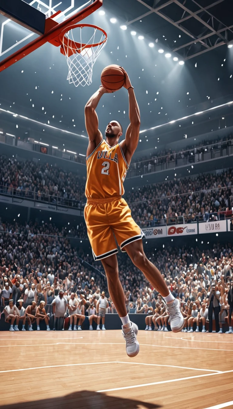 solo,a basketball player dunking a basketball,ultra-detailed,8k,hyperrealistic,dynamic pose,extreme sport action,court background,sweat droplets,muscular physique,intense facial expression,rim of the basketball hoop,basketball net,crowd in the background,basketball court lines