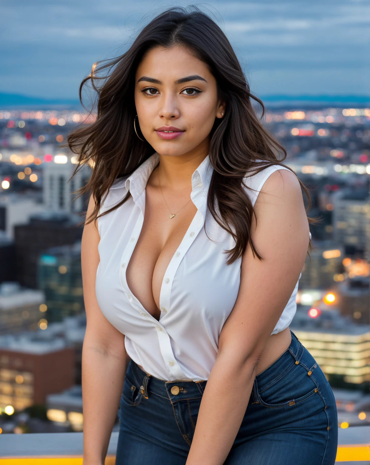 portrait photo of a beautiful curvy brunette Mexican supermodel. portrait photo of a beautiful curvy young woman, with a seductive look (pursed lips) with arms spread. she has large breasts. overlooking Montreal in the background at night. (sexy yellow and red cut-off button down shirt) hyperrealistic, stunning, attractive, pretty, cute, feminine, perfect face. (high detailed skin:1.2), 8k uhd, dslr, soft lighting, high quality, film grain, Fujifilm XT3, (establishing shot:1.5), perfect hand. shallow depth of field, vignette, highly detailed, high budget, bokeh, cinemascope, moody, epic, gorgeous, film grain, grainy, Extremely Realistic, photo r3al, perfect eyes, more saturation, inst4 style, no blemishes, (close-up face photo). absolute cleavage.  