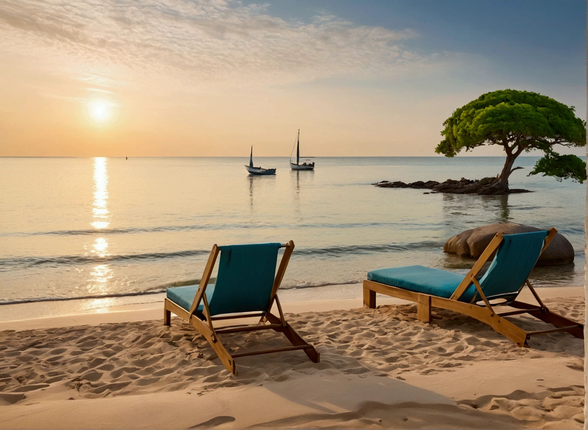 The image presents a tranquil beach setting during a time that appears to be either sunrise or sunset, judging by the soft, golden light that permeates the scene. Two wooden deck chairs with blue cushions face the calm, expansive sea, hinting at a scene of relaxation and contemplation. The chairs are positioned on fine, light brown sand with visible footprints around, accentuating the presence of people, either currently or recently. To the left, a tree with green foliage leans towards the sea, embellishing the composition with a touch of nature's grace. Large smooth rocks partially submerge into the sand and sea, contributing to the peaceful, secluded atmosphere. In the far distance, a small silhouette of a boat can be seen on the horizon line, adding to the sense of a quiet, undisturbed getaway. The absence of people in the chairs suggests either anticipation of their return or the privacy of a serene moment paused in time.