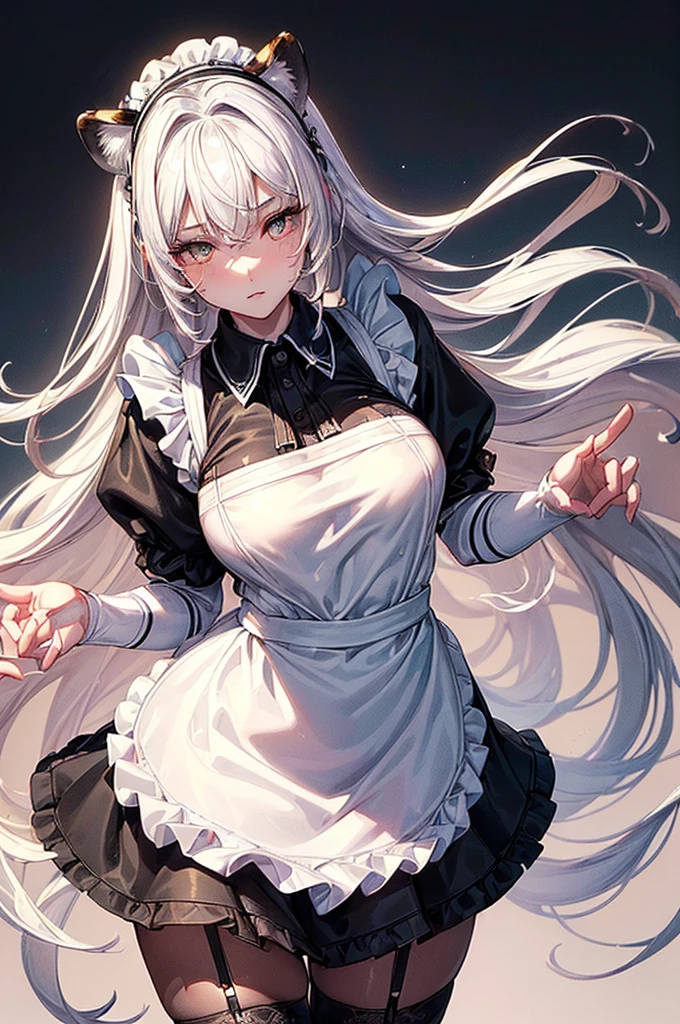 ((highest quality)),(ultra high resolution),(Super detailed),(detailed description),((best CG)),(best work of art),super precision art, great drawing art,(Art with precise details:1.5), ( simple black form-fitting French maid uniform with a white apron and white stockings 1 age girl:1.5), beautiful and well-shaped face:1.5,(Beautiful skin with precise and detailed depiction:1.6),(:1.5),provocative angle:1.6,gorgeous, beautiful young teengirl, 18 years old, luminous snow white hair, enchanting golden colored eyes, tiger ears, white striped tiger tail, tall height (190cm), slim thick body type with mouth-watering curves