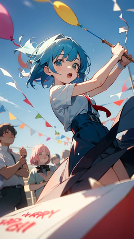 anypose anime adolescente,short and light blue hair birthday girl, celebrating birthday
