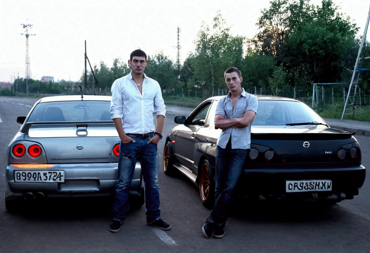Two men stand next to a parked car in a parking lot, petros and leonid, Russian-Japanese mix, typical russian atmosphere, with octane rating, Vitaly Bulgarov and Mike Nash, but 8 6, Greg Rutkowski and Ivan Shishkin, Afterburner, GTA in Moscow, in a modified Nissan Skyline R34., at night, Инициал D