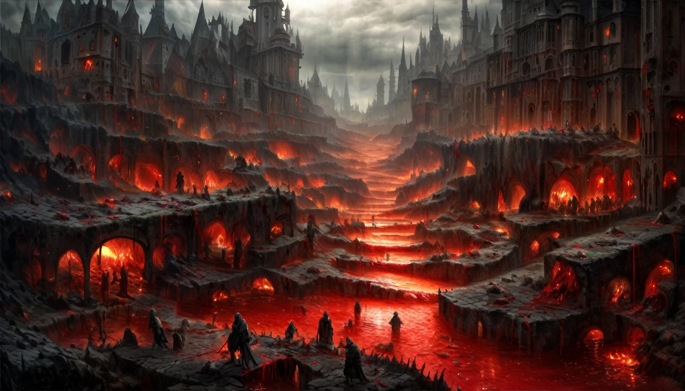 Create a realistic abstract fantasy landscape of a medieval city. The scene is dark and mysterious, with a predominance of dark shades and deep reds. Streams of blood flow through the streets, with organs scattered around and piles of bodies, primarily humanoid creatures, lying about. The city is marked with scorch marks and dark, blood-red fires raging under a dark sky. The only source of light is a shattered, ashy dark moon, casting an eerie glow over the landscape. Thick, red blood rains down from the sky, adding to the grim atmosphere. Masterpiece Create a realistic abstract fantasy landscape of a medieval city in ruins. The scene is dark and mysterious, evoking despair, war, and decay. The streets are narrow, resembling those of a typical city, and are filled with detailed, thick streams of dark, realistic blood, still liquid and flowing like a river or stream, as if only an hour or two old. The road is scattered with detailed gore and piles of bodies, primarily humanoid creatures, lying around. The city buildings, which were once bright and well-kept, are now marked with scorch marks, small dark red fires spreading outwards with embers flickering. The architecture should be less gothic and more reminiscent of a human-inhabited city. The sky is overcast with dense clouds, and the only source of light is a shattered, ashy dark moon casting an eerie glow over the landscape. The scene takes place in the middle of the night with a bit of rain, enough to be noticeable but not enough to put out the fires, making the ground a bit muddy with the river of blood flowing through it down the road, branching off into streams that connect to the corpses. Blood drips from hanging objects and flows down the road, while the fires spread slowly, adding to the grim and unsettling mood of the scene.Create a realistic abstract fantasy landscape of a medieval city in ruins. The scene is dark and mysterious, evoking despair, war, and decay. The streets are narrow, resembling those of