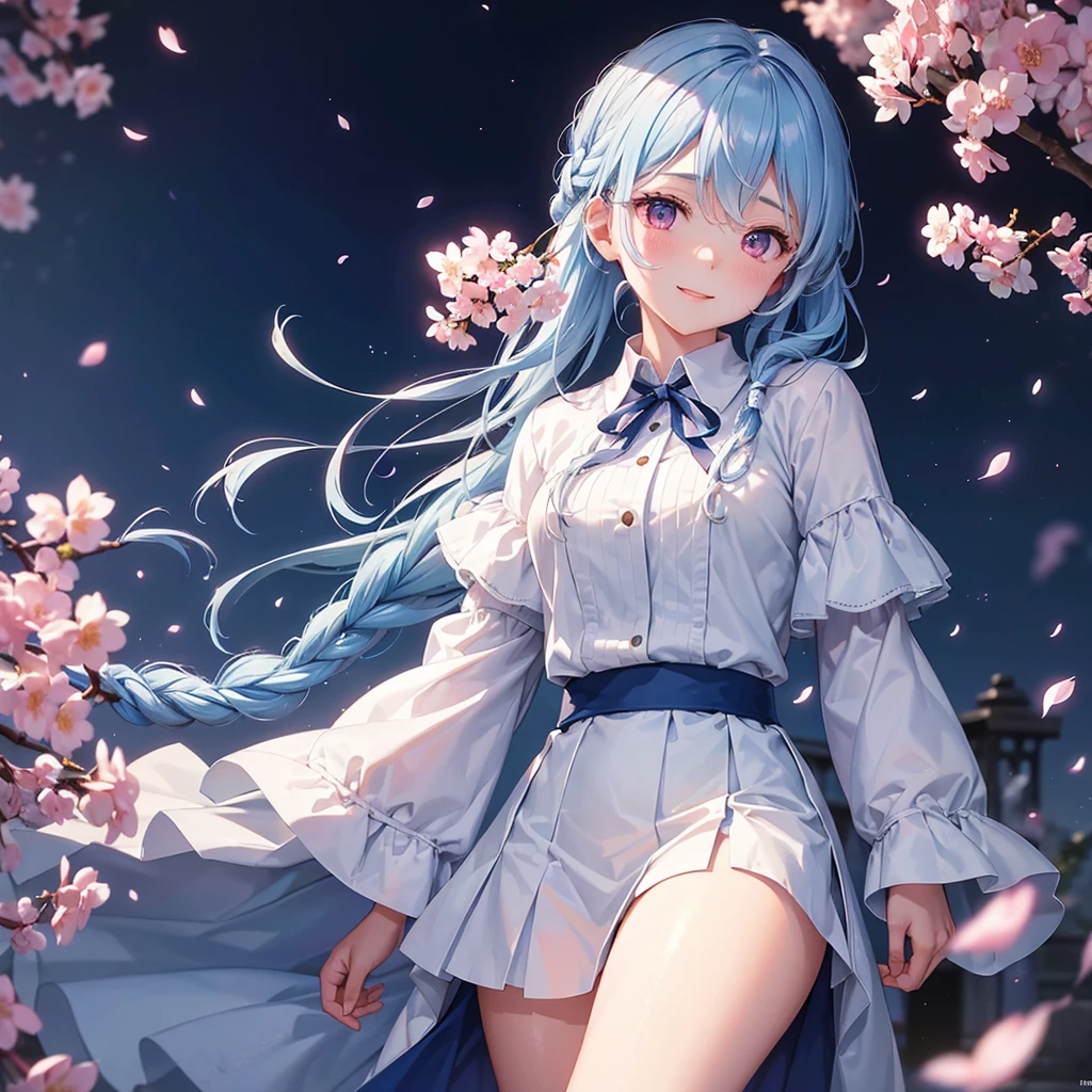 (Light blue medium hair),(Braided hair tied together)、Pink eyes、Fair skin、(whole body)、(uniform)、Cherry Blossoms at Night、A big smile、A dignified figure、solo、(masterpiece、Highest quality、Very detailed、Best Shadow)、(Detailed Background)、(Beautifully detailed face)、High contrast、(Best lighting、Very delicate and beautiful)、((Cinematic Light))、colorful、Hyper Detail、Dramatic Light、Exquisite detail、