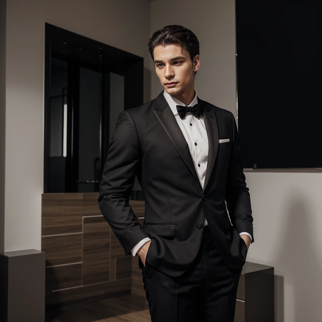 Elegant man, with black formal clothes, wearing elegant, body-fitting clothes
