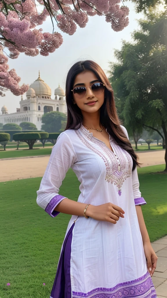 a real indian beautiful girl standing with stylish photo soot pose,The girl is slightly bent forward from the waist and giveing flying kiss, in the Tajmahel Park, the Tajmahel in background, beautiful flowers in park. The girl wearing white purple gradient kurti, with purple sunglasses, with smart watch. with name "NEHA" writing on the kurti clearly purple big letters. she is looking so Pretty, cute, smile,beautiful chest, HDR ultra quality 4k pictures.