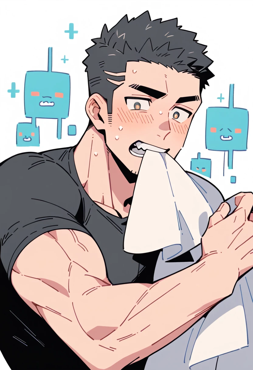 anime characters：Priapus, Muscle Sports Student, Manliness, male focus, Dark black tight T-shirt, Very tight, Sweat soaks clothes, full and perky chest muscles, muscular male, muscular, only, Upper body, Perfect muscular waist, alone, Black short hair, Thick eyebrows, stubble, Brown-red pupils, White background, simple background, amazing quality, best aesthetics, Ridiculous, crew cut, blush, mouth hold, Biting a white cotton towel in the mouth, embarrassed, shy, endured face, negative space, best quality