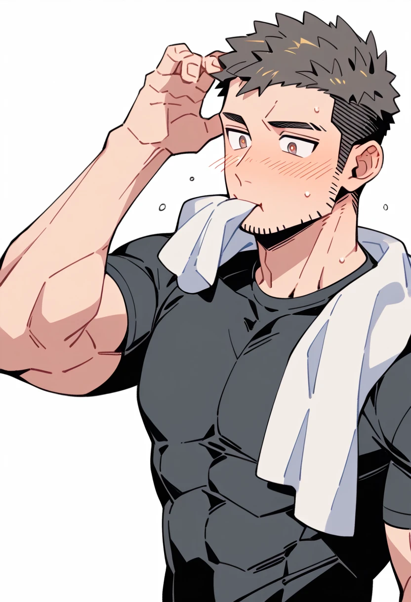 anime characters：Priapus, Muscle Sports Student, Manliness, male focus, Dark black tight T-shirt, Very tight, Sweat soaks clothes, full and perky chest muscles, muscular male, muscular, only, Upper body, Perfect muscular waist, alone, Black short hair, Thick eyebrows, stubble, Brown-red pupils, White background, simple background, amazing quality, best aesthetics, Ridiculous, crew cut, blush, mouth hold, Biting a white cotton towel in the mouth, embarrassed, shy, endured face, negative space, best quality