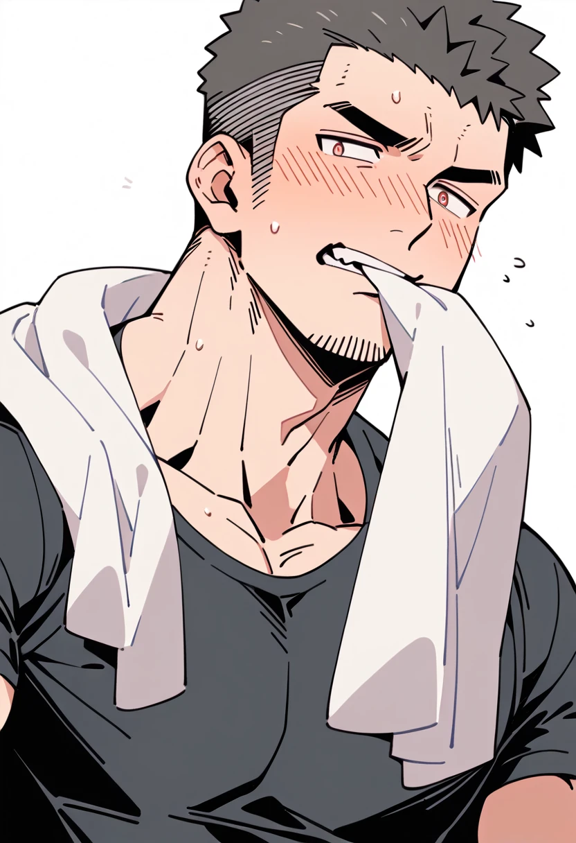 anime characters:Priapus, Muscle Sports Student, Manliness, male focus, Dark black tight T-shirt, Very tight, Sweat soaks clothes, full and perky chest muscles, muscular male, muscular, only, Upper body, Perfect muscular waist, alone, Black short hair, Thick eyebrows, stubble, Brown-red pupils, White background, simple background, amazing quality, best aesthetics, Ridiculous, crew cut, blush, mouth hold, Biting a white cotton towel in the mouth, embarrassed, shy, endured face, negative space, best quality