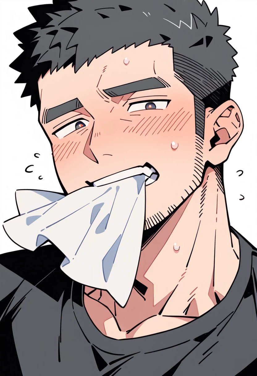 anime characters:Priapus, Muscle Sports Student, Manliness, male focus, Dark black tight T-shirt, Very tight, Sweat soaks clothes, full and perky chest muscles, muscular male, muscular, only, Upper body, Perfect muscular waist, alone, Black short hair, Thick eyebrows, stubble, Brown-red pupils, White background, simple background, amazing quality, best aesthetics, Ridiculous, crew cut, blush, mouth hold, Biting a white cotton towel in the mouth, embarrassed, shy, endured face, negative space, best quality