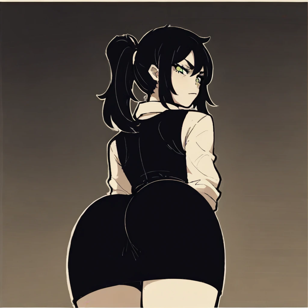 ), 1girl, solo, shirt, black hair, ponytail, sidelocks, green eyes, black hair, necklace, vest, collared shirt, black skirt, ass, ass focus, 