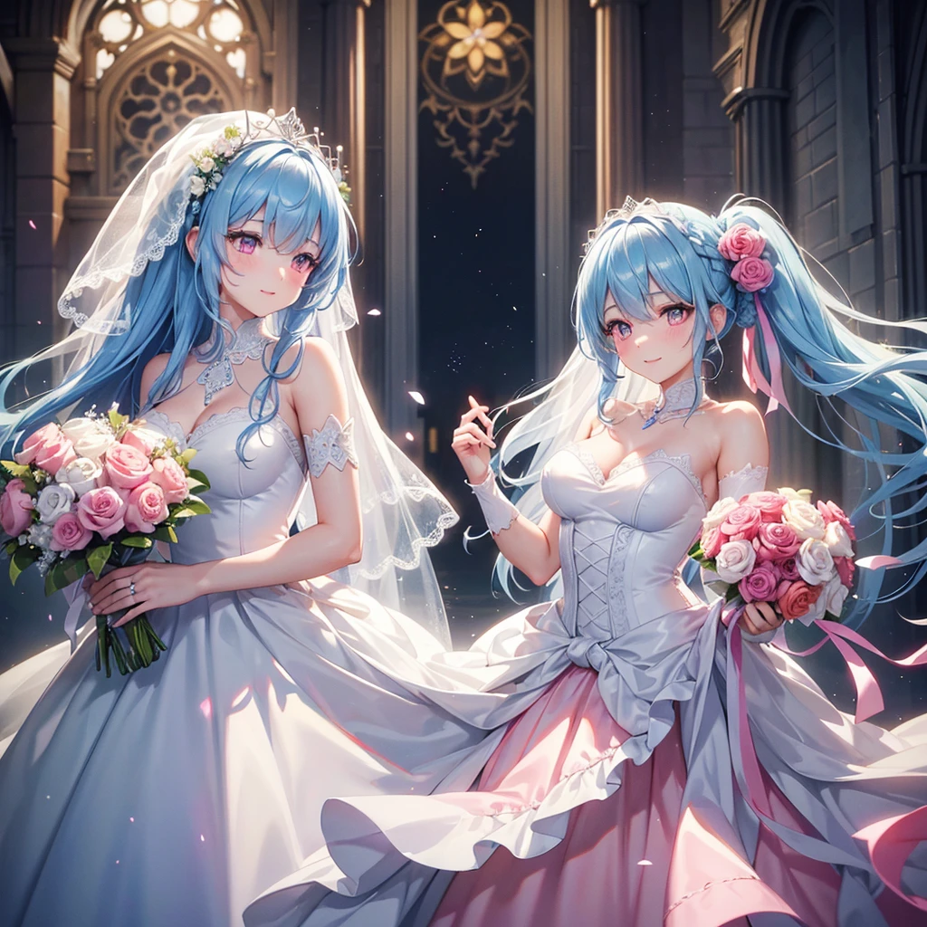  (Light blue medium hair),(Braided hair tied together)、Pink eyes、Fair skin、(whole body),bride,Big smile,Straight bangs,A dignified figure、 6月のbride,Wedding dress,(masterpiece, Highest quality, Very detailed, Best Shadow), (Detailed Background), (Beautifully detailed face), High Contrast, (Best lighting, Very delicate and beautiful), ((Cinematic Light)), colorful, Hyper Detail, Dramatic Light, Intricate details,Chapel background,Bouquet of roses,Ring on left ring finger,