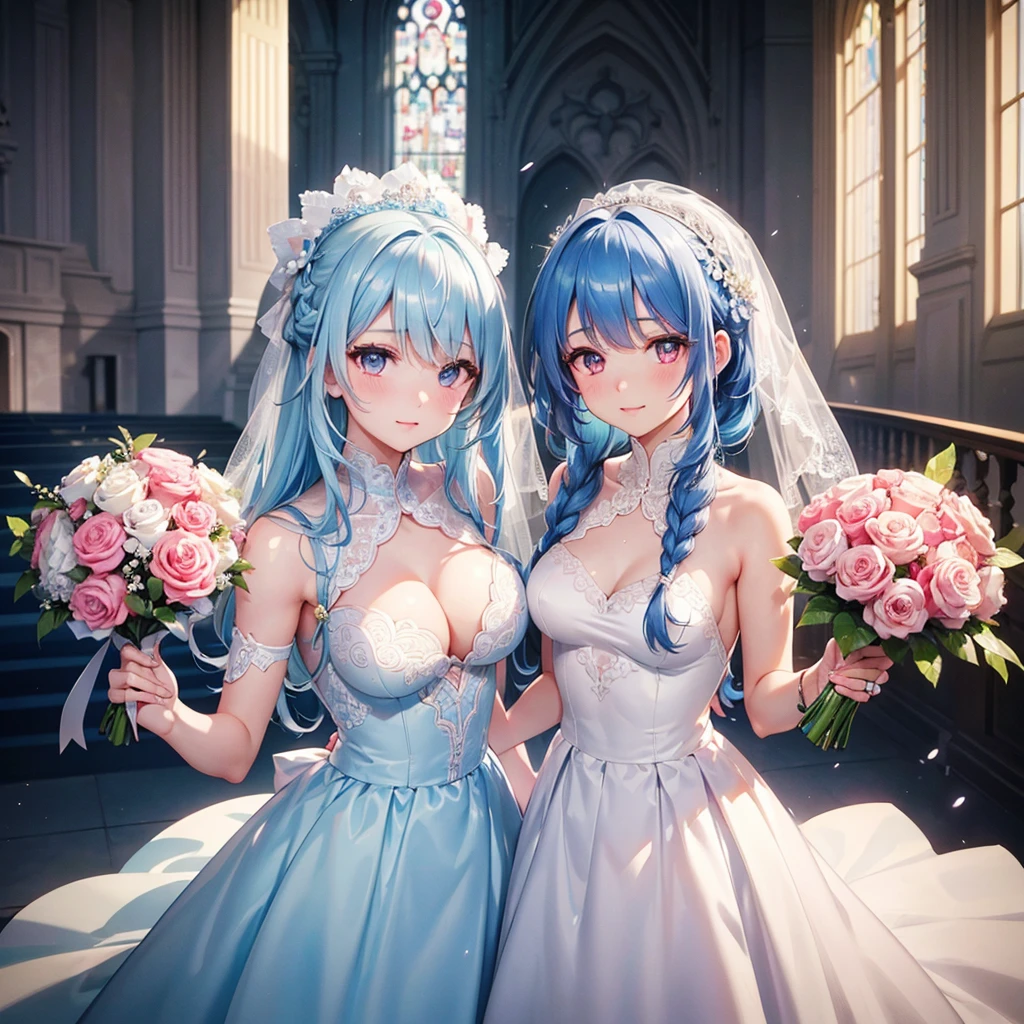 (Light blue medium hair),(Braided hair tied together)、Pink eyes、Fair skin、(whole body),bride,Big smile,Straight bangs,A dignified figure、 6月のbride,Wedding dress,(masterpiece, Highest quality, Very detailed, Best Shadow), (Detailed Background), (Beautifully detailed face), High Contrast, (Best lighting, Very delicate and beautiful), ((Cinematic Light)), colorful, Hyper Detail, Dramatic Light, Intricate details,Chapel background,Bouquet of roses,Ring on left ring finger,