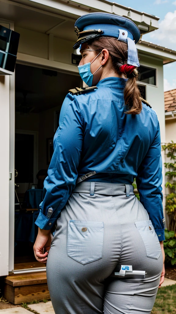 Ultra realistic photography of a thick flight captain woman, 35 years old, view from behind, high quality, hyperrealistic, outside of the house